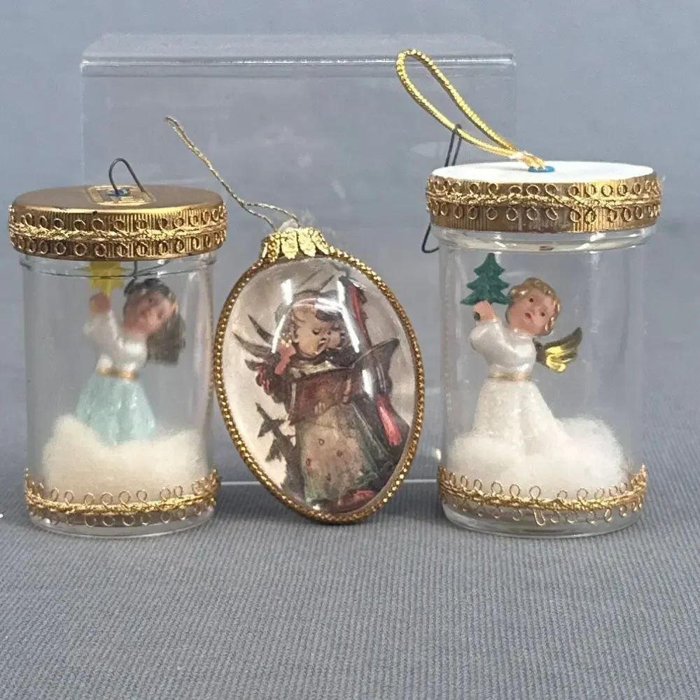 VTG Handmade Baby Angel Pill Bottle Ornament Set 3 Plastic Diorama Gold Trim 50s